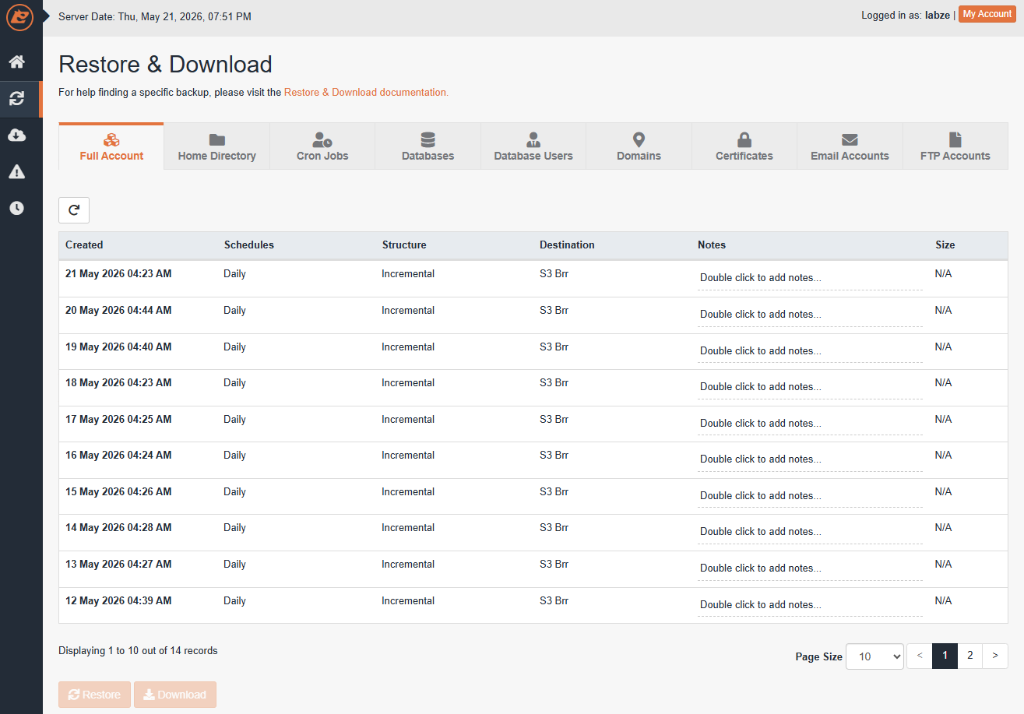 JetBackup Restore & Download Interface